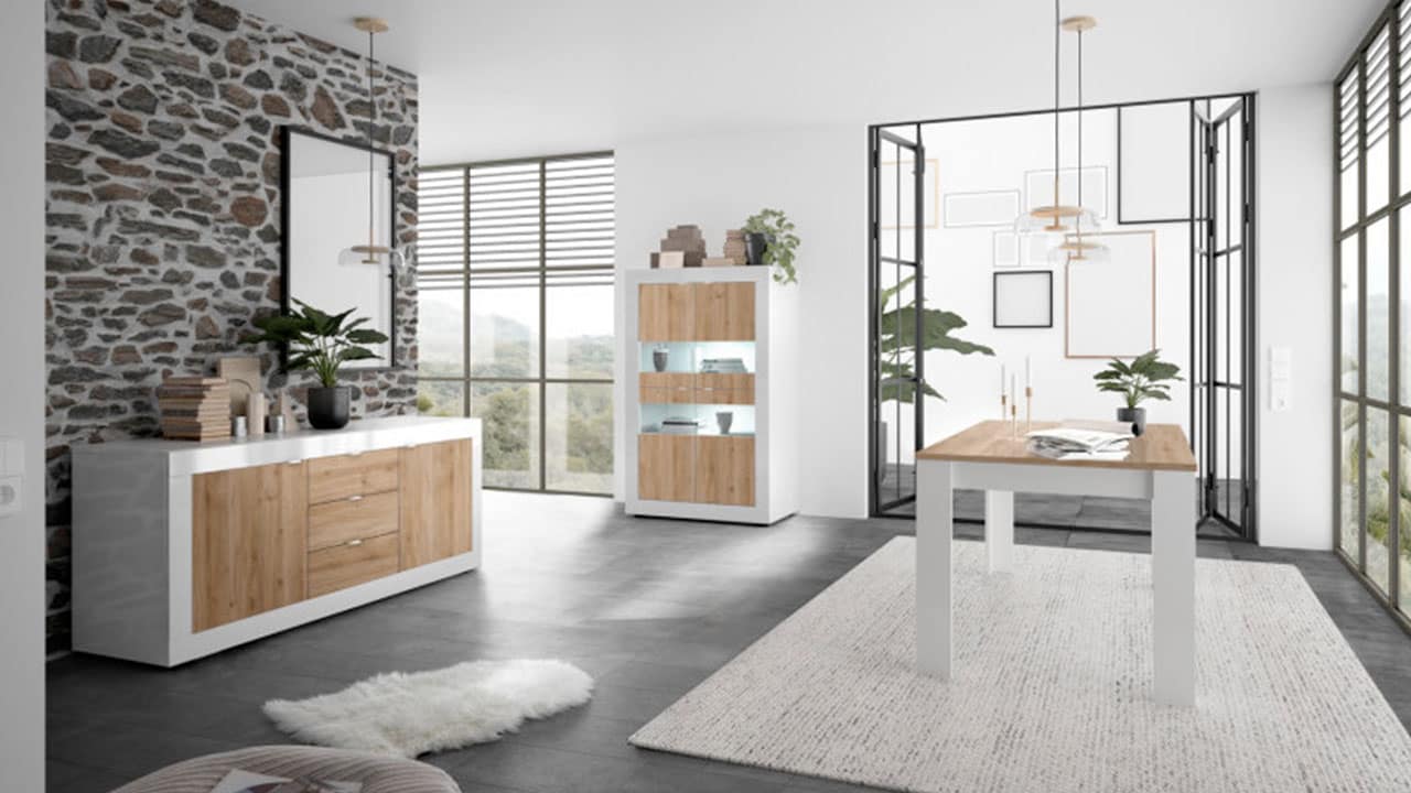 salle a manger basic blanc laqué et decor bois